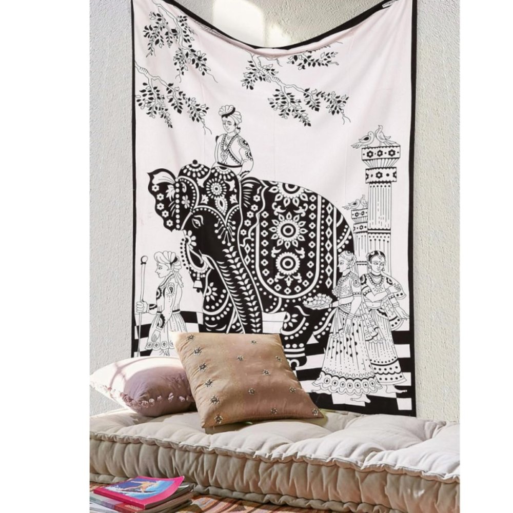India Elephant Festival Bohemian Black White Tapestry Twin Size Cotton NEW